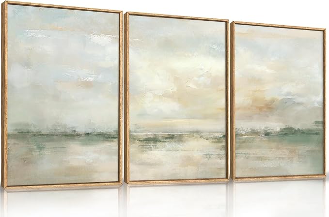 LHIUEM Large Abstract Green Gray Pastel Framed Canvas Wall Art,Neutral Landscape Wall Decor,Modern Watercolor Lake Artwork,Beige Textured Illustrations Art for Living Room,Bedroom,Office- 24"x36"x3