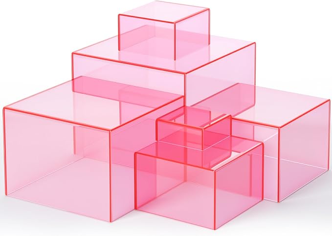 Geelin 6 Pack Acrylic Risers for Display Acrylic Cube Boxes Risers Display Stands with Hollow Bottoms Decorative Stand for Jewelry Candy Table Decor 6 Sizes(Clear Pink,3 to 8 Inch,Square)