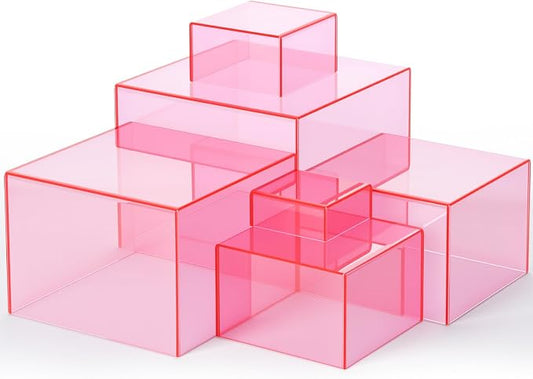Geelin 6 Pack Acrylic Risers for Display Acrylic Cube Boxes Risers Display Stands with Hollow Bottoms Decorative Stand for Jewelry Candy Table Decor 6 Sizes(Clear Pink,3 to 8 Inch,Square)