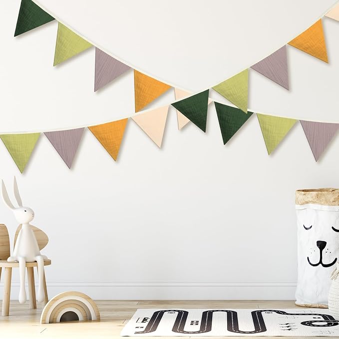 Oudain 2 Pcs Pennant Banner Flags Nursery Garland Triangle Bunting Flags Playroom Wall Decor Banner for Nursery Baby Shower Birthday Boho Wedding Party Event, Each 7.75 ft(Green Color)