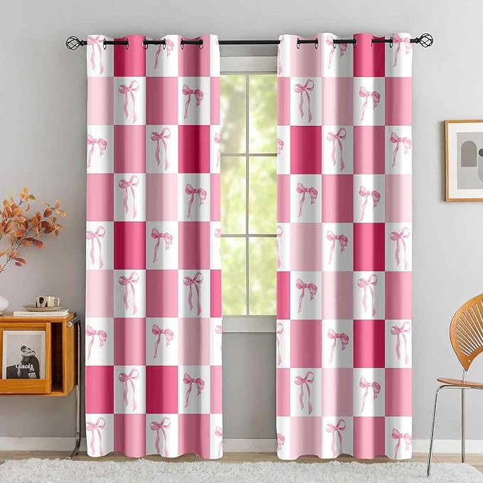 LUVIVIHOME Pink Bow Blackout Curtains, Buffalo Plaid Curtains for Girls Bedroom Living Room, Aesthetic Bowknot Girly Cute Preppy Coquette Room Decor, Grommet Window Drapes 2 Panel Sets, 52x84 Inch