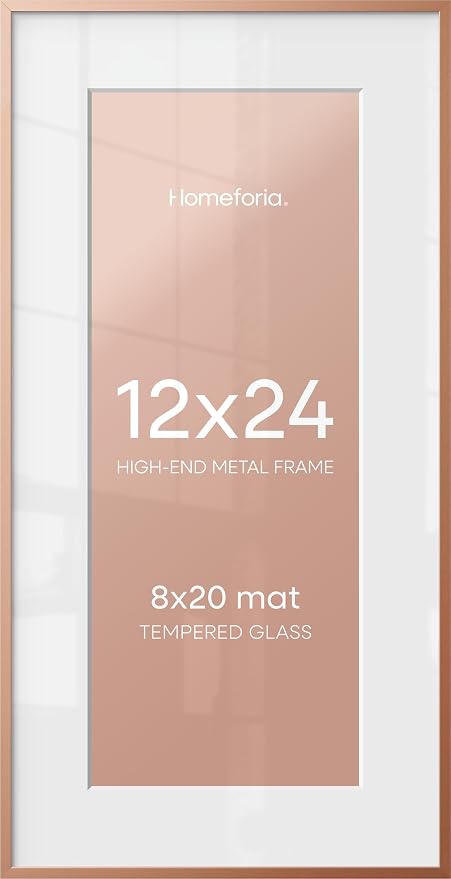 Homeforia 12x24 Rose Gold Picture Frame, High End Metal 12x24 Poster Frames with Mat 8x20 Photo, 12 x 24 Rose Gold Frame Matted to 8 x 20 Art, 24x12 Panoramic Frame, Tempered Glass, Wall Kit, Set of 1