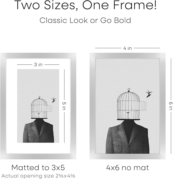 Homeforia 4x6 Picture Frame Silver, High End Metal 4 x 6 Silver Frames with Mat 3 x 5 Print, 4by6 Desk Frame Matted to 3x5 inch Photo, 4 by 6 Wall or Tabletop Frame, Tempered Glass, Wall Kit, Set of 2