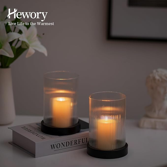 Hewory Ribbed Hurricane Candle Holder: Black Votive Candle Holders Set of 2, Glass Hurricane with Metal Candle Plate, Pillar Candle Holder for Table Centerpiece Christmas Wedding Holiday Home Decor