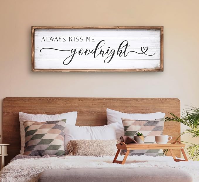 Large Above Bed Wall Decor Bedroom Sign Bedroom Decor with Solid Wood Frame for Couples, Always Kiss Me Goodnight Sign for Bedroom, Love Theme Wall Decor 42''×15''