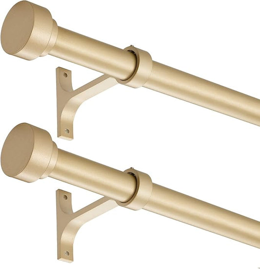 2 Pack Heavy Duty 1 Inch Diameter Single Curtain Rods 36-72” Adjustable Window Curtain Rod with Aluminum Alloy Cylindrical Cap Finials, Wall Mount and Ceiling Mount, Light Gold