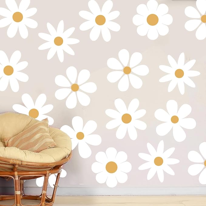 TaoBary 12 Sheet Daisy Wall Sticker Decal Removable Cute Daisy Bedroom Room Decor Flower Wall Sticker Pink White Flower Decal Wallpaper Peel and Stick for Nursery Home(White, Yellow,Novelty Style)