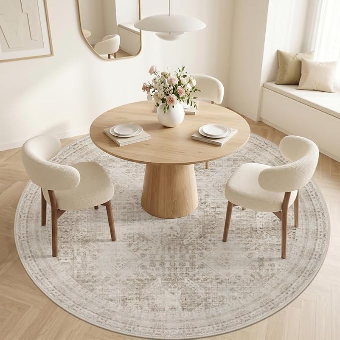 Round Area Rug for Living Room: 6ft Vintage Boho Neutral Washable Circle Rug Soft Large Circular Carpet for Bedroom Nursery Farmhouse Dining Room Office Floor Non-Slip Low Pile Under Table Rug Brown
