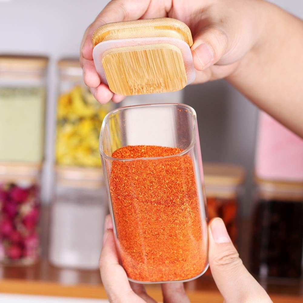 10 Pcs Glass Spice Jars - 8oz Empty Square Spice Storage Containers With Bamboo Airtight Lid and Labels - Thicken Small Glass canister for Kitchen Seasoning,Coffee Bean,Tea,Suger,Herbs