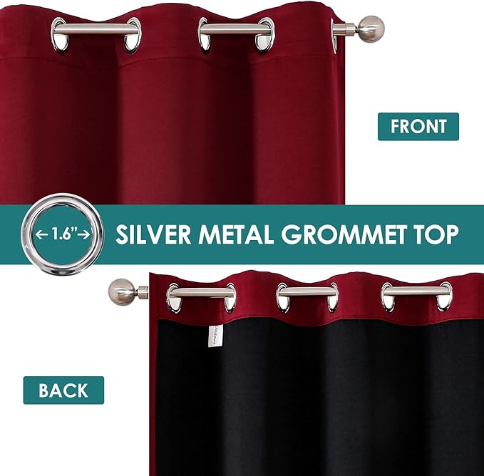 ChrisDowa 100% Blackout Curtains for Bedroom with Black Liner, 2 Thick Layers Total Blackout Thermal Insulated Grommet Window Curtains 2 Panels Set (Burgundy, 52 x 45 Inch)