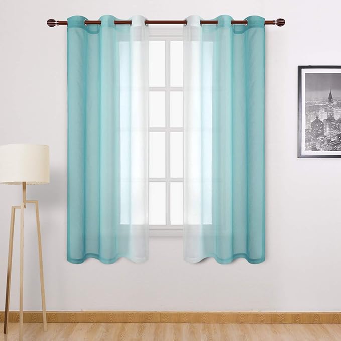 DWCN Ombre Sheer Curtains - Faux Linen Semi Voile Gradient Grommet Top Girl's Bedroom and Living Room Drapes, Set of 2 Window Curtain Panels, 42 x 63 Inch Length, Teal