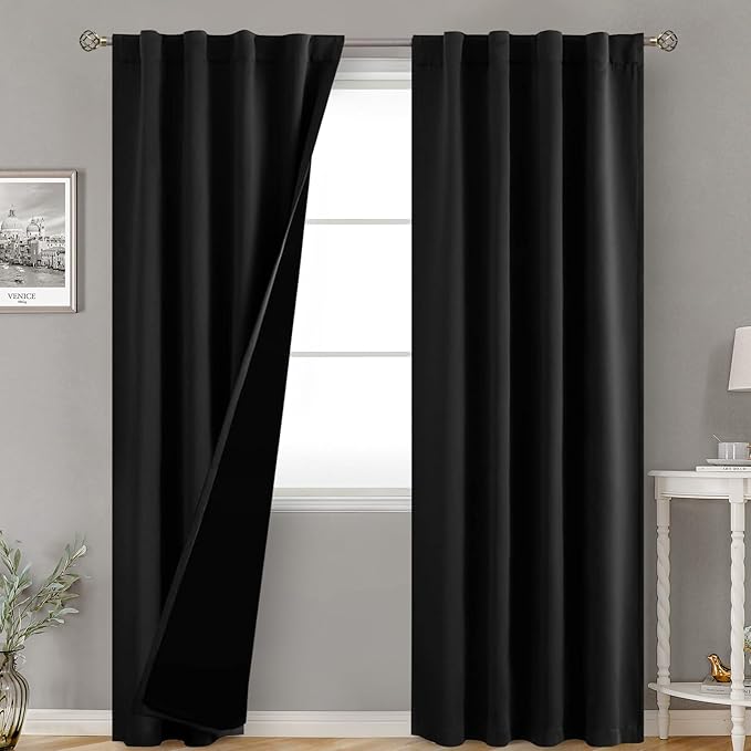 BGment Black 100% Blackout Curtains for Bedroom, 84 Inch Length 2 Panels Set Black Out Living Room Panels with Thermal Liner, Rod Pocket and Back Tab Double Layer Room Darkening Drapes, 38 x 84 Inch