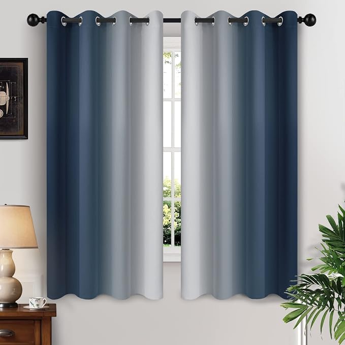 Yakamok Ombre Curtains Navy Blue and Greyish White for Living Room,52Wx63L | Room Darkening Curtains 63,Thermal Insulated Gradient Color Drape,Light Blocking Grommet Window Curtains for Bedroom,2 Panels