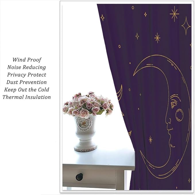 Golden Sun Moon Stars Art Blackout Curtains, Abstract Bohemian Universe Starry Sky Galaxy Window Drapes, for Bedroom Living Room 52" W X 84" L