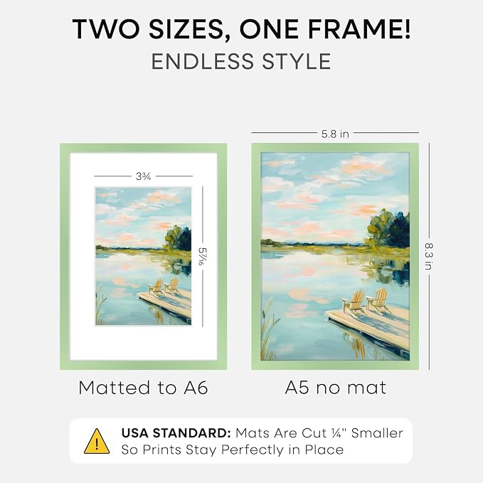 Homeforia A5 Sage Green Frame, High End Metal 5.8 x 8.3 Picture Frames Matted to 4.1 by 5.8 inch Art, A5 Display Photo Frame with Mat A6, 5.8x8.3 Green Poster Frames, Tempered Glass, Wall Kit, Set of 1