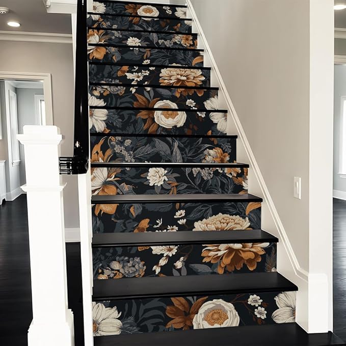 REDAMANCY Vintage Bookshelf Colorful Books Creative Book Cabinet Peel and Stick Vinyl Stair Riser Decals Staircase Tile Stickers Decor Modern Marble Decoration Self-Adhesive(14 Pcs)