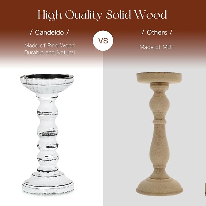 Candeldo Wood Candle Holders for Pillar, White Farmhouse Fireplace Decor | Set of 3, Table Centerpiece, Tall Shabby Chic Decor, Wooden Rustic Decorations for Mantle