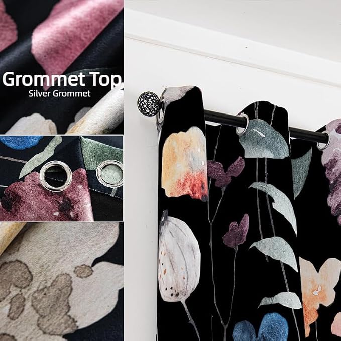 Floral 100% Blackout Curtains 63 Inch Long 2 Panels Set Grommet Retro Rusitc Flower Boho Patterned Thermal Insulated Black Out Room Darkening Window Drapes for Bedroom Living Room Decor 52 x 63 inch