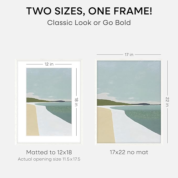 Homeforia 17x22 White Picture Frame, High End Oak 17x22 White Wooden Poster Frames with Mat 12x18 for Print, 17 x 22 Wood Frame Matted to 12 x 18 Photo, 22x17 Frame, Tempered Glass, Wall Kit, Set of 2