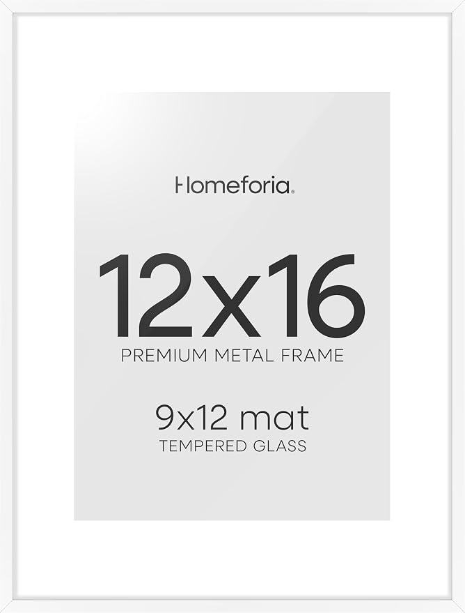 Homeforia 12x16 Picture Frame White, High End Metal 12x16 Poster Frames with Mat 9x12 for Photo, 12 x 16 White Frame Matted to 9 by 12 inch Print, 16x12 Thin Frames, Tempered Glass, Wall Kit, Set of 2