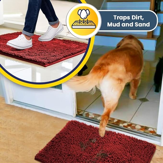 Muddy Mat® | Super Water Absorbent Door Mat Indoor, Microfiber Quick Dry Chenille Entryway Rug, Slip Resistant Front Door Mat, Indoor Mats for Entryway, Machine Washable Pet Rug, Red 24" x 96"
