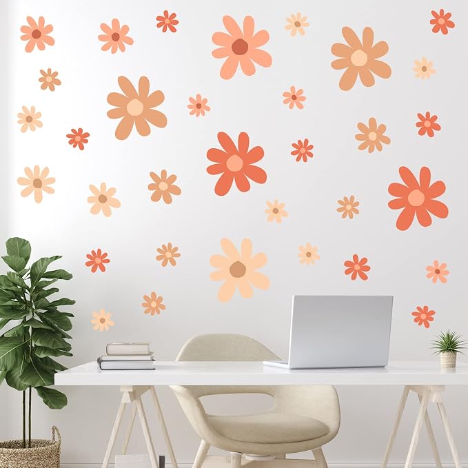 TaoBary 12 Sheet Daisy Wall Sticker Decal Removable Cute Daisy Bedroom Room Decor Flower Wall Sticker Pink White Flower Decal Wallpaper Peel and Stick for Nursery Home(Orange,Colorful Style)