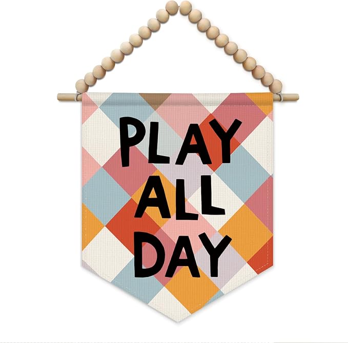 SJDFCSA Playroom Wall Art Decor, Kids Room Decor, Play All Day Colorful Checkered Boho Nursery Wall Hanging Display Pennant Flag for Kids Boys Girls Nursery Toddler Room Bedroom Playroom