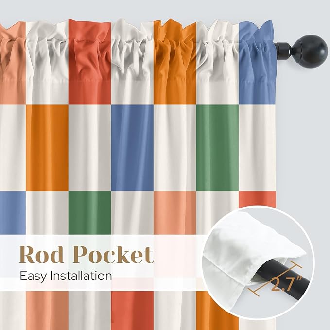 Colorful Checkered Curtains for Bedroom,Rod Pocket 60s 70s Semi Sheer Curtains Farmhouse Retro Checkerboard Light Filtering Drapes for Living Room,Set of 2 Window Curtain Panels,52 x 84 Inch