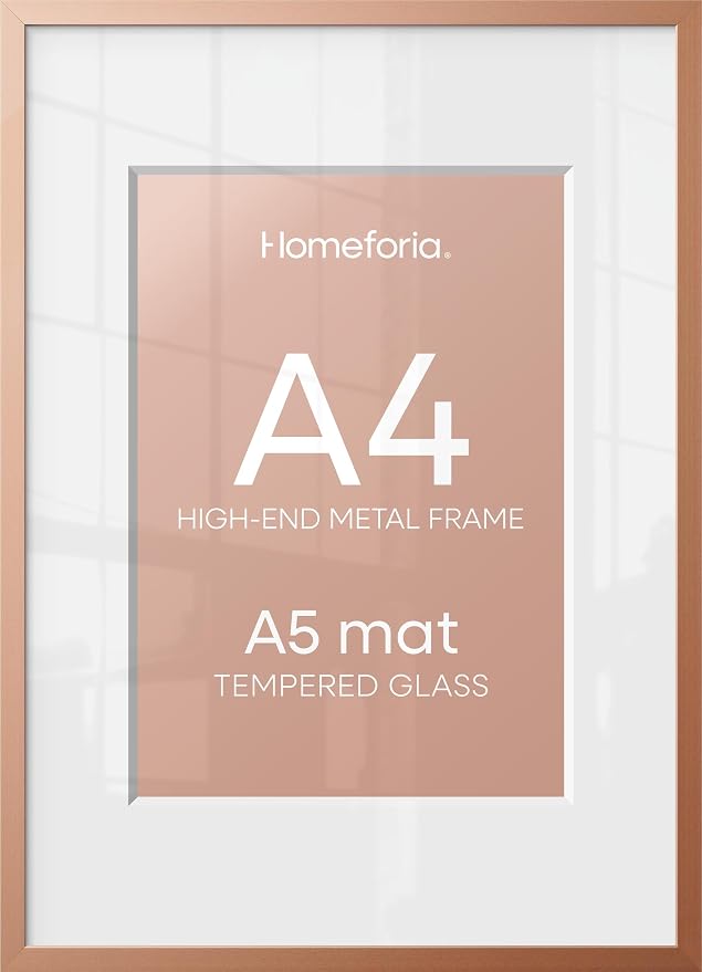 Homeforia A4 Picture Frame Rose Gold, High End Metal 8.3 x 11.7 inch Poster Frames with Mat 5.8 by 8.3 Art, A4 Size Frames Matted to A5 Photo, 8.3x11.7 Wall or Tabletop Frame, Tempered Glass, Set of 1