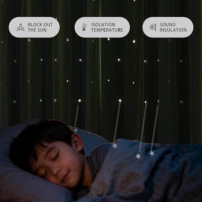 2 Panels Green Star Blackout Curtains 102 Inches Long, Privacy Light Filtering Cute Drapes for Kids Bedroom, Thick Grommet Double Layer Nursery Princess Curtains for Glass Door (40"W x 102"L)