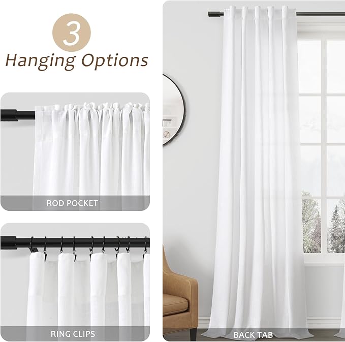Aersas White Linen Curtains for Living Room 2 Panels Back Tab Light Filtering Semi Sheer Linen Drape Neutral Country Rustic Farmhouse Boho Curtain 40x96