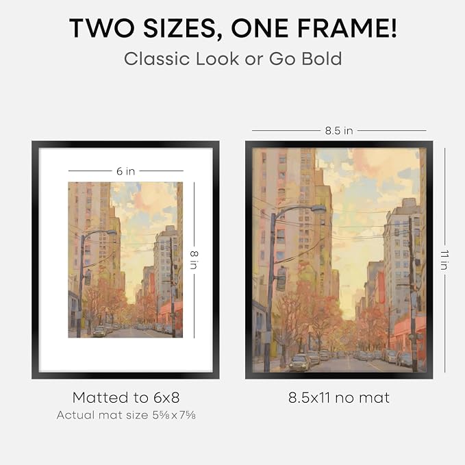 Homeforia Black Picture Frame 8.5 x 11, High End Metal 8.5x11 Poster Frames with Mat 6x8 Photo, 8.5 x 11 Frame Matted to 6 by 8 Art, 8.5by11 Wall or Tabletop Frames, Tempered Glass, Wall Kit, Set of 4