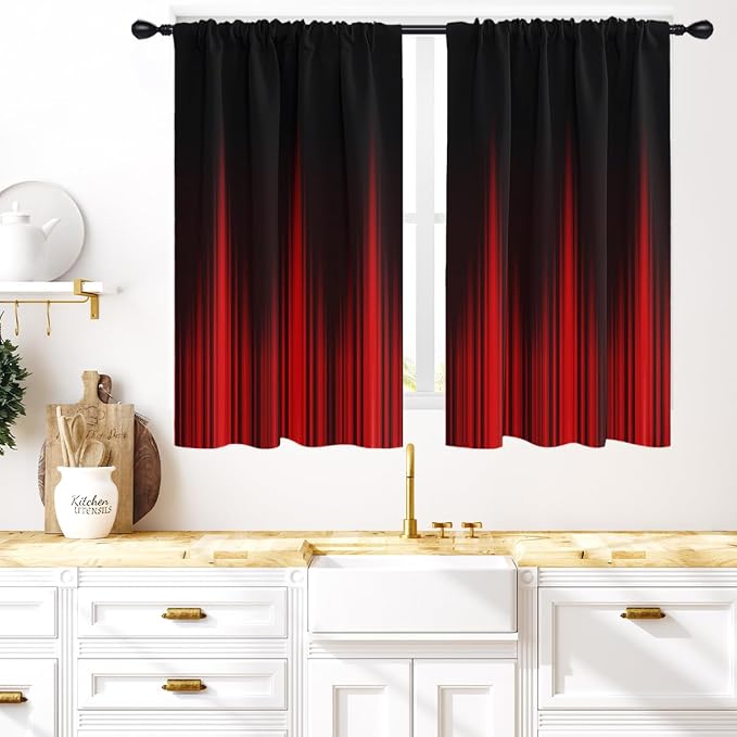 Coxila Black and Red Kitchen Window Curtains 27.5 x 45 Inch Rod Pocket Small Short Mini Cafe Gothic Goth Ombre Cool Anime Two Tone Mens Living Room Bedroom Home Treatment Set of 2 Panels Drapes Tiers