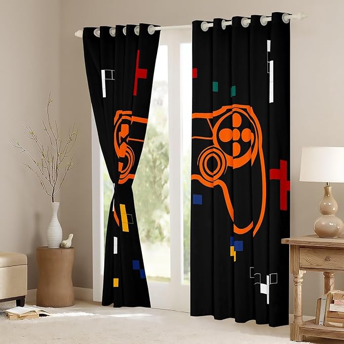 Feelyou Kids Gamer Window Curtains Geometric Gaming Darkening Drapes Game Blackout Curtains Boys Girls Gamepad Teens Window Treatments Bedroom Decor (2 Panels, 38 x 45 Inch)