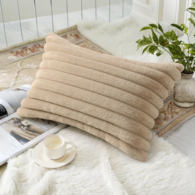 decorUhome Fall Cozy Faux Fur Throw Pillow Covers 12x20 Set of 2 Decorative Soft Plush Striped Lumbar Modern Farmhouse Boho Couch Pillow Cases with Velvet Back for Sofa Bed Living Room, Khaki Brown