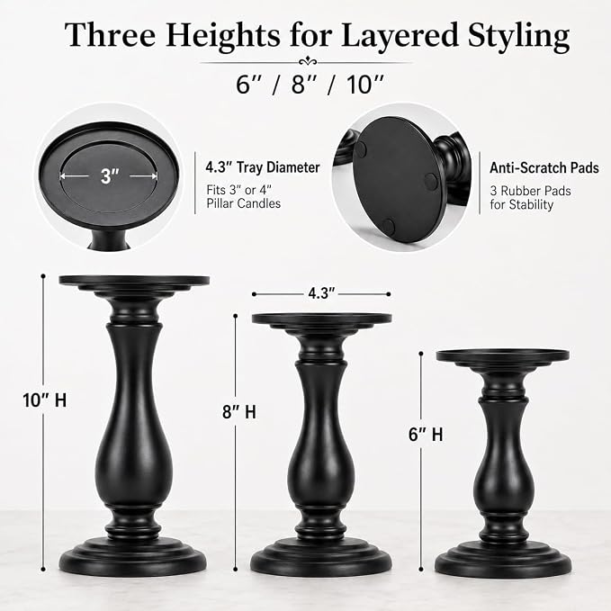 Matte Black Pillar Candle Holders Set of 3-10", 8", 6”H Candlestick Candle Holders Stand, Home Coffee Table Decor Decorations Centerpiece for Dining/Living Room