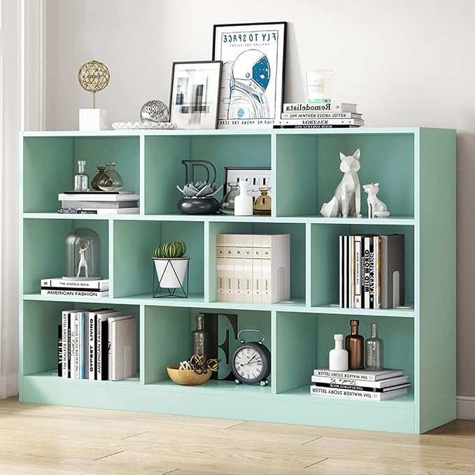 IOTXY Open Shelf Low Bookcase - Wooden 3-Tier Floor Standing Display Cabinet Organizer with Base, 10 Cubes Short Horizontal Bookshelf in Tiffany-Green