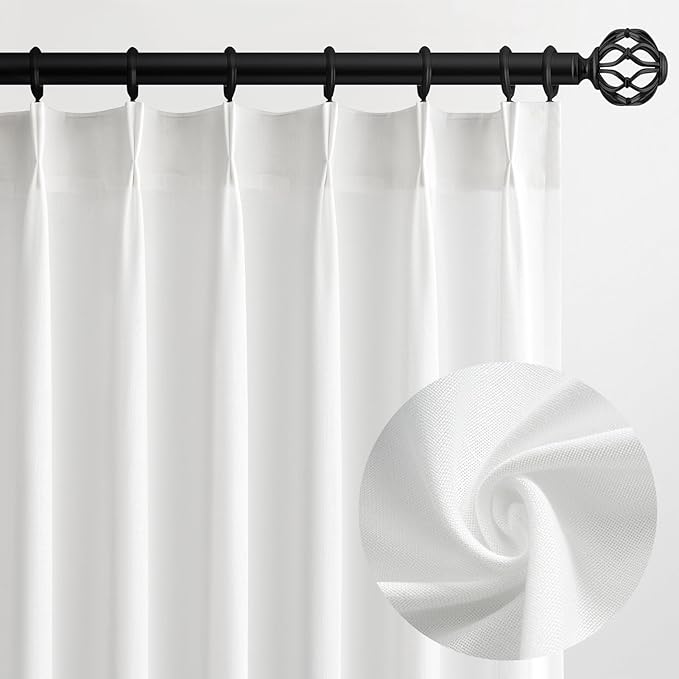 Topfinel Home White Pinch Pleated Semi Sheer Curtains Textured Linen Blended Light Filtering Window Curtains 108 inch for Living Room Pinch Pleat Drapes with Hooks 2 Panels 40" Wx108 L