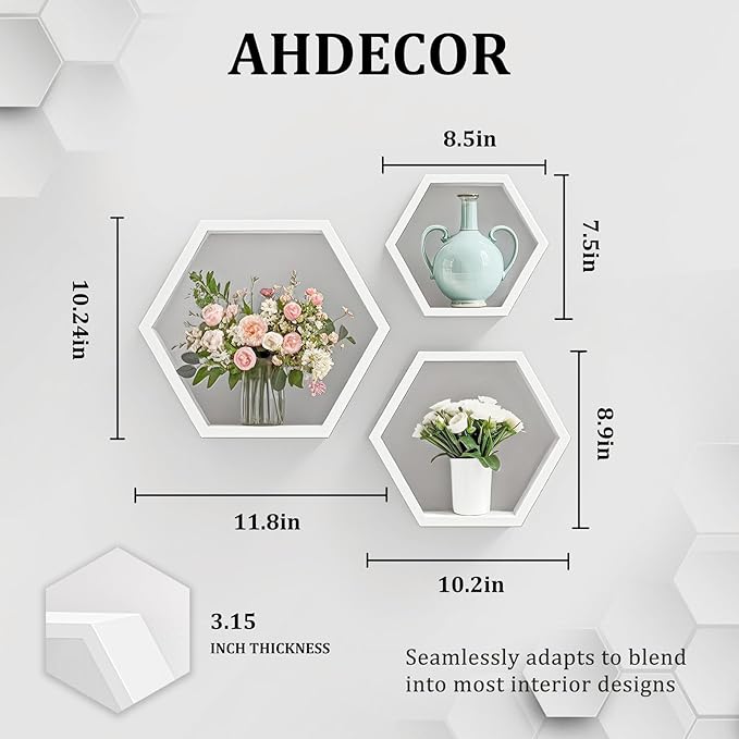 ZGZD Set of 3 White Wooden Hexagon Wall Shelves - Modern Decorative Storage for Home, Kitchen, Office – Stylish Floating Shelves for Small Plants, Books, and Decor