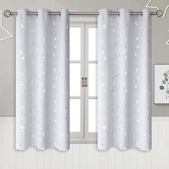 BGment Kids Curtains for Nursery, Short Star and Moon Room Darkening Curtains for Bedroom 54 Inch Long, Blackout Thermal Insulated Window Drapes for Boys Girls, Greyish White, 42 Wide, 2 Panels