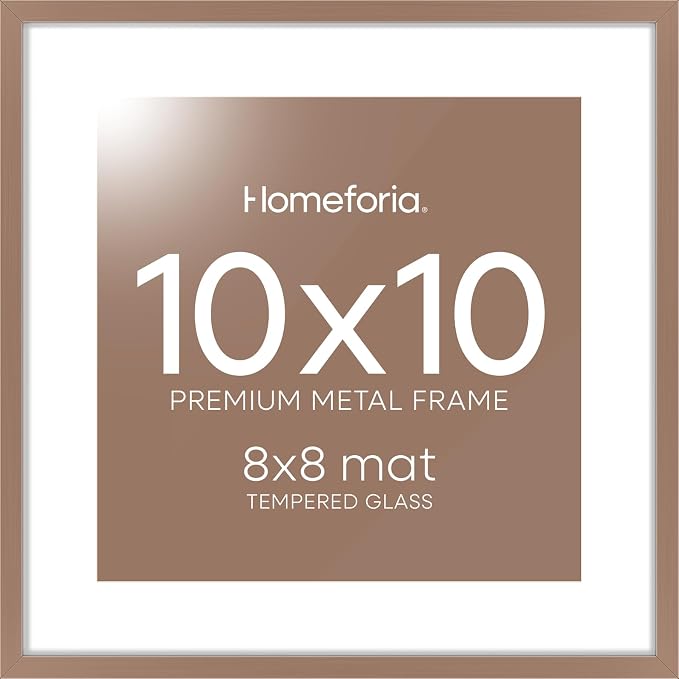 Homeforia 10x10 Mocha Picture Frame, High End Metal 10 by 10 Square Frames with Mat 8 x 8 Opening, 10by10 Poster Frames Matted to 8x8 Photo, Wall or Tabletop Frames, Tempered Glass, Wall Kit, Set of 2