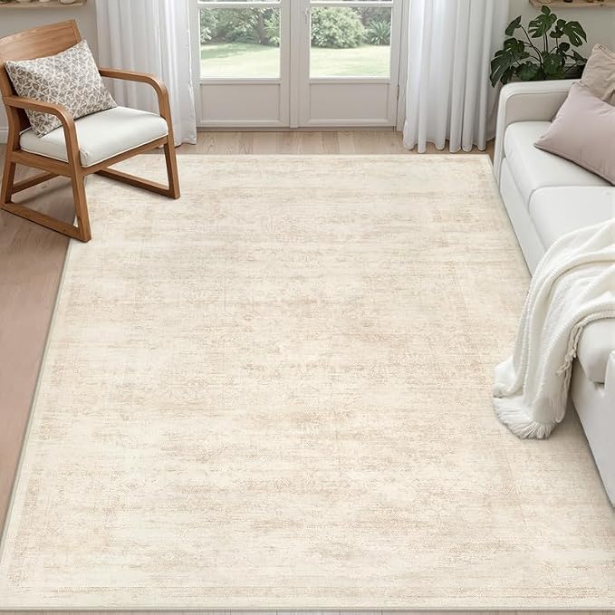 3x5 Area Rugs for Living Room: Vintage Boho Neutral Washable Rug Indoor Soft Large Area Rug Carpet for Bedroom Nursery Farmhouse Dining Room Office Floor Non-Slip Low Pile Under Table Rug Retro Beige