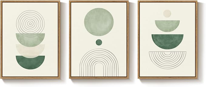 3 Piece Framed Minimalist Boho Canvas Wall Art for Bedroom, Abstract Sage Green Geometric Artwork for Walls, Green and Beige Picture Print Paintings for Hallway Office Wall Decor 12x16 Inch