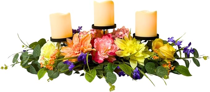 Svndlyn Spring Summer Candle Holder Centerpiece with Colorful Flowers | 3 Candle Plates, Peach Dahlia, Yellow Rose, Purple Flowers and Eucalyptus Leaves for Dining Table, Coffee Table and Mantel