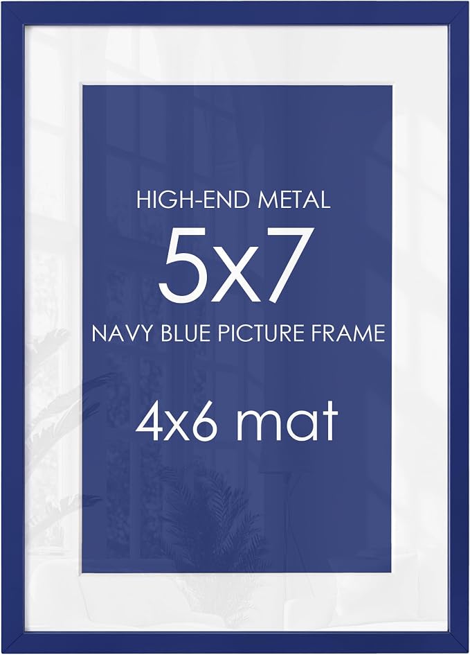 5x7 Picture Frame for 4x6 Photo, Minimalist Aluminum Frame, Navy Blue | Sleek Metal Wall Frame for Gallery, Desk, or Gift Giving | Shatterproof Glass & Wall Kit