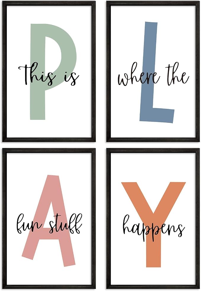 This Is Where Fun Stuff Happens Kids Playroom Wall Decor PLAY Quote Art | Motivational Prints for Nursery, Black Wood Frame, Set of 4, 16x24 Inches , Let's Play Sign for Toddler Boys, Ready to Hang