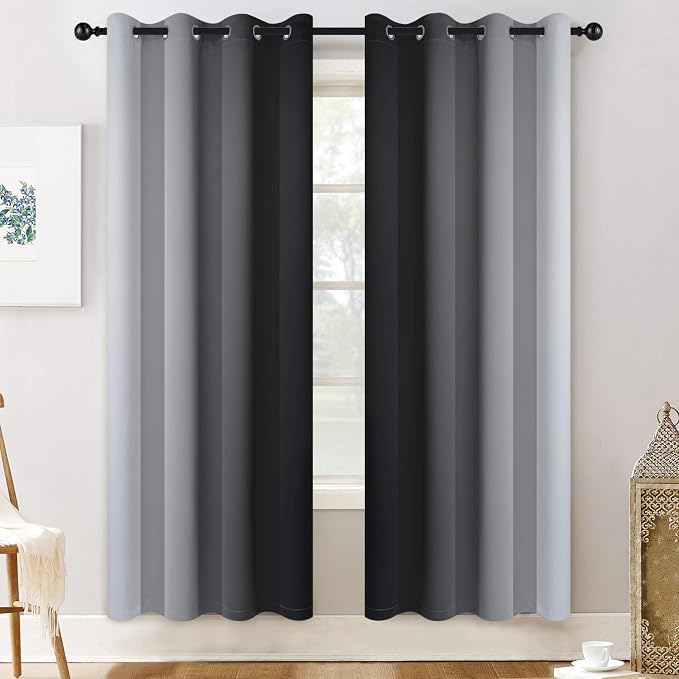 Yakamok Ombre Curtains Black and Greyish White for Living Room,52Wx72L | Room Darkening Curtains 72,Thermal Insulated Gradient Color Drape,Light Blocking Grommet Window Curtains for Bedroom,2 Panels