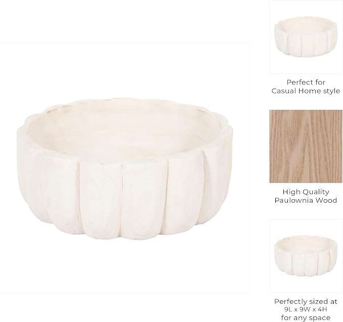 Decorative Wood Scalloped Bowl for Coffee Table Decor - Centerpiece Table Decorations for Home, Kitchen, Living Room, and Dining Room - Functional Bowl for Accessories, Candy, and Key - 4", White