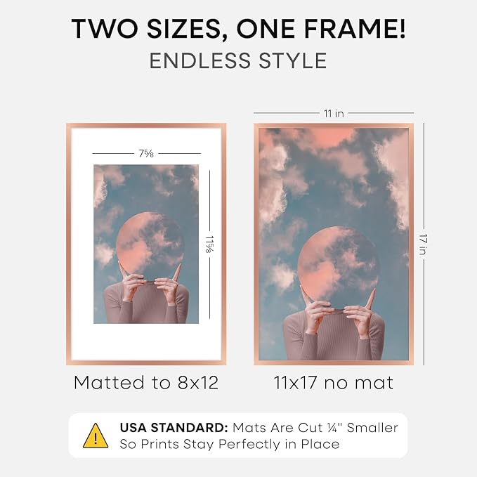 Homeforia 11x17 Picture Frame Rose Gold, High End Metal 11x17 Poster Frames with Mat 8x12 Photo, 11 x 17 Rose Gold Frames Matted to 8 by 12 Print, 17x11 Thin Frames, Tempered Glass, Wall Kit, Set of 1