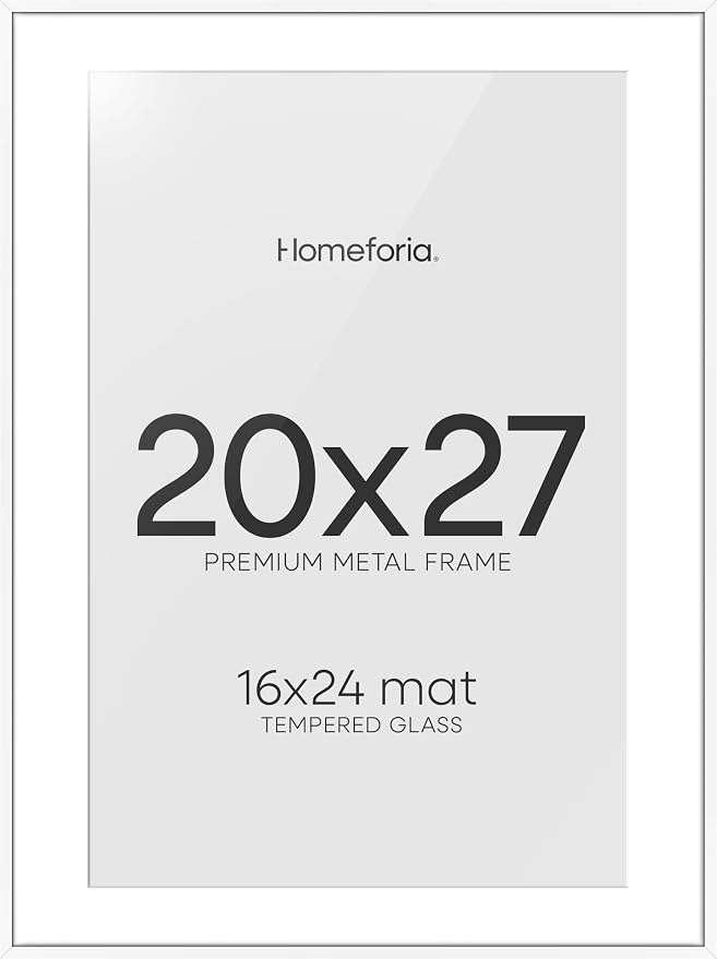 Homeforia 20x27 Picture Frame White, High End Metal 20x27 Poster Frames with Mat 16x24 Photo, 20 x 27 White Frame Matted to 16 by 24 Print, 27by20 Thin Hanging Frames, Tempered Glass, Wall Kit, Set of 2